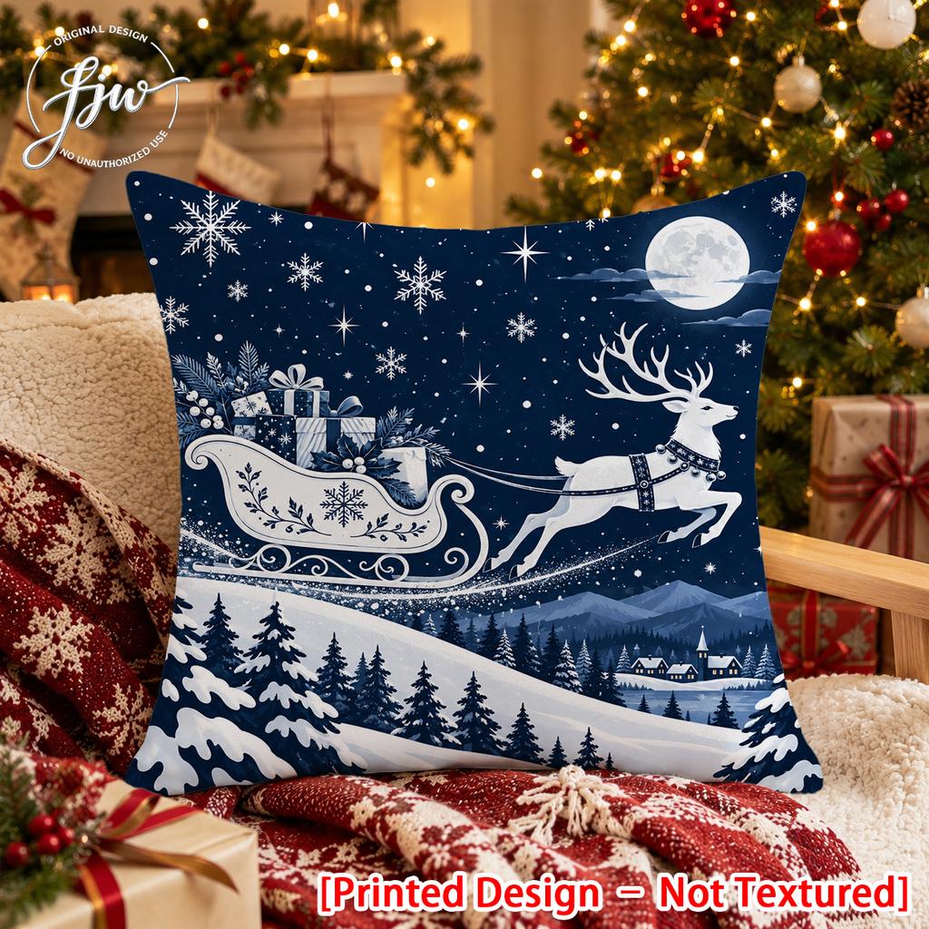 2D FLAT 1pc Winter Christmas Style Sleigh Reindeer Pillowcase, Flat 2D Printing Process, Suitable for Home Use Light-Toned Decorative Pillowcase, Suit