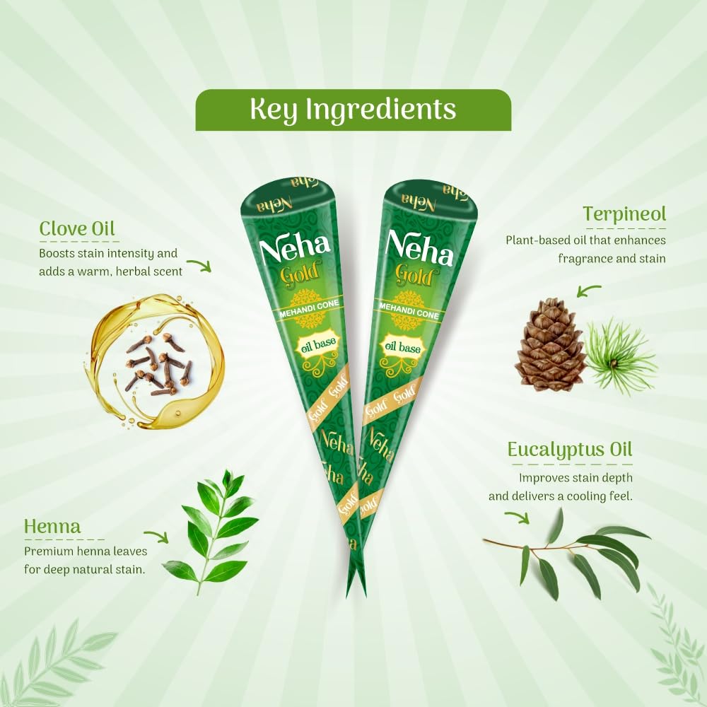 Neha Gold Mehandi Kegel Reine Hennapaste für Körperkunst Temporäres Tattoo Hände Füße Design Einfache Anwendung (2 Stück in 1 Schachtel X 5er-Pack)