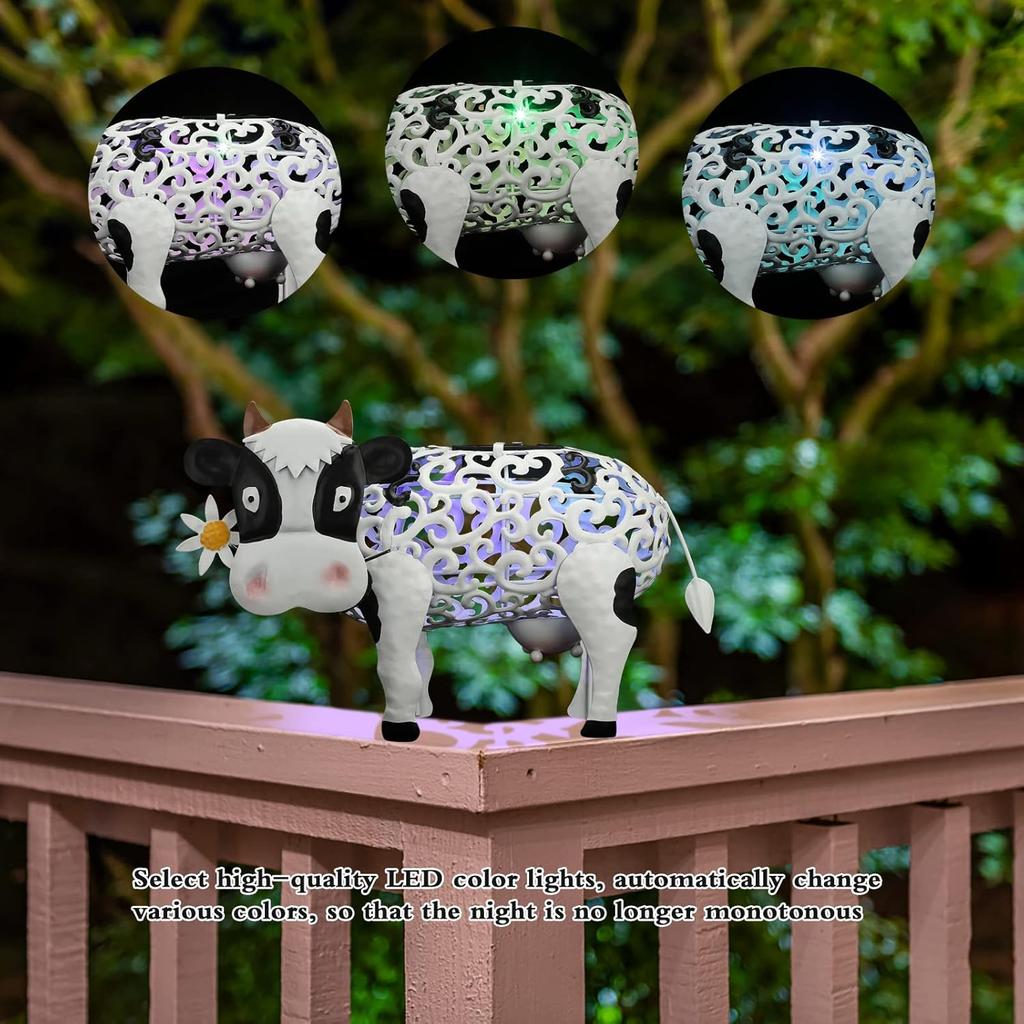DULRLLY Solar Cow Lights Outdoor Solar Lamp, Resin Cow Figurine with LED Solar Light, Animal Shaped Color Changing Solar Garden Lights for Farm Patio