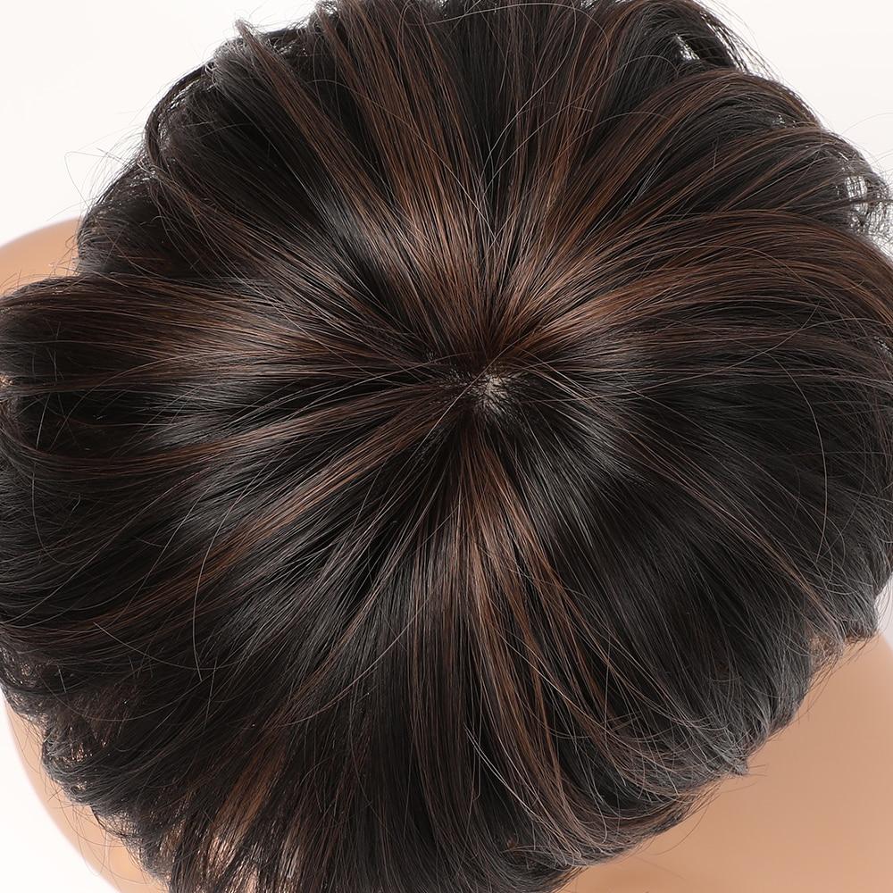 ALAN EATON Schwarzbraune synthetische Perücken mit Highlights, kurze gerade Perücken für Frauen, natürliches Haar, hitzebeständige Perücken mit Pony