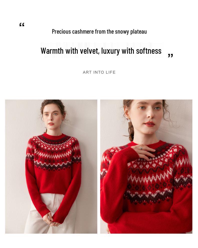 2025 Autumn/Winter Women's Fair Isle Cashmere Knit Sweater: Thick, Loose, Round Neck, Long Sleeve Base Layer.