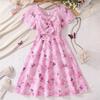 Girls' Elegant Floral Print Dress Spring/Summer Children's Sweet Pink V-Neck Short-Sleeve Fitted Dress