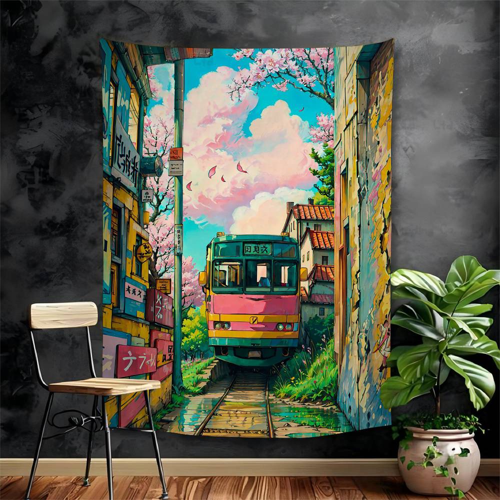 Japanese Street Train Scenery Sakura Cartoon Tapestry Art Science Fiction Room Home Decor Wall Hanging Home Decor