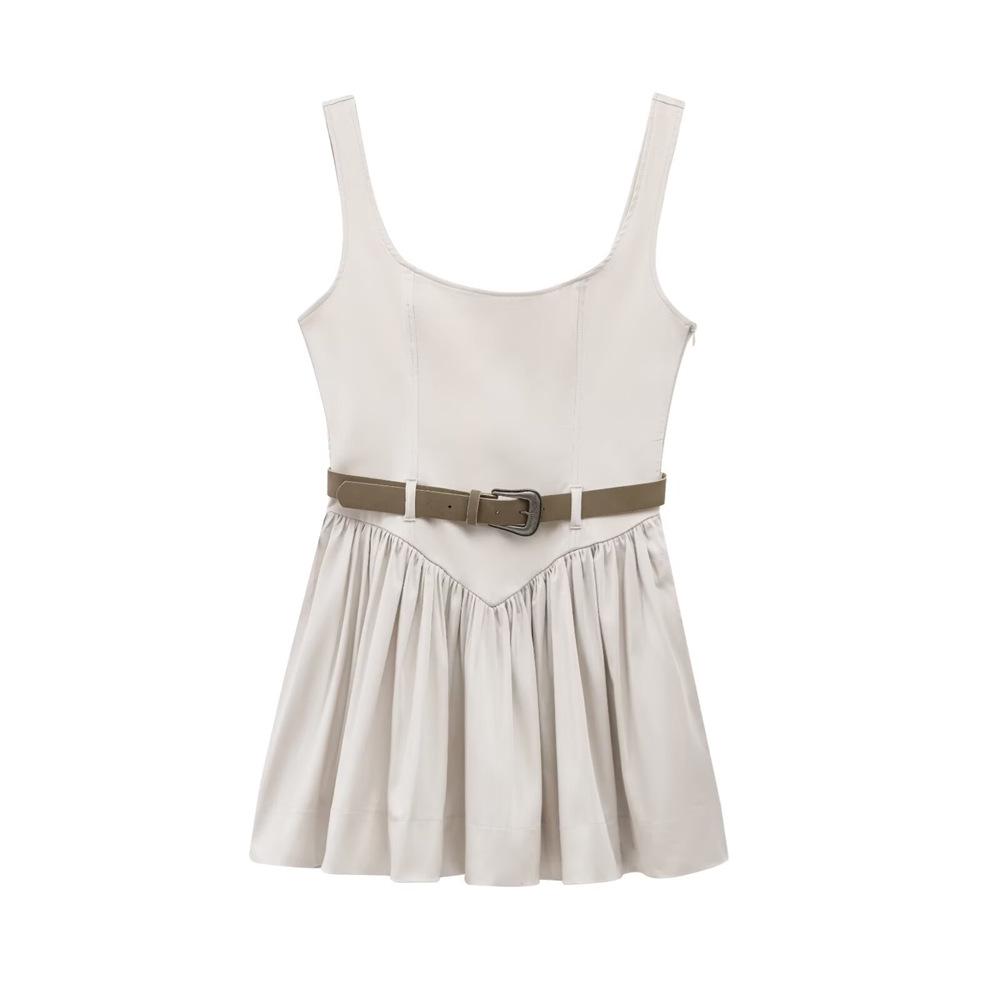 

Spring 2025 Women s Belted Slim Fit Pleated Patchwork Dress S хакі