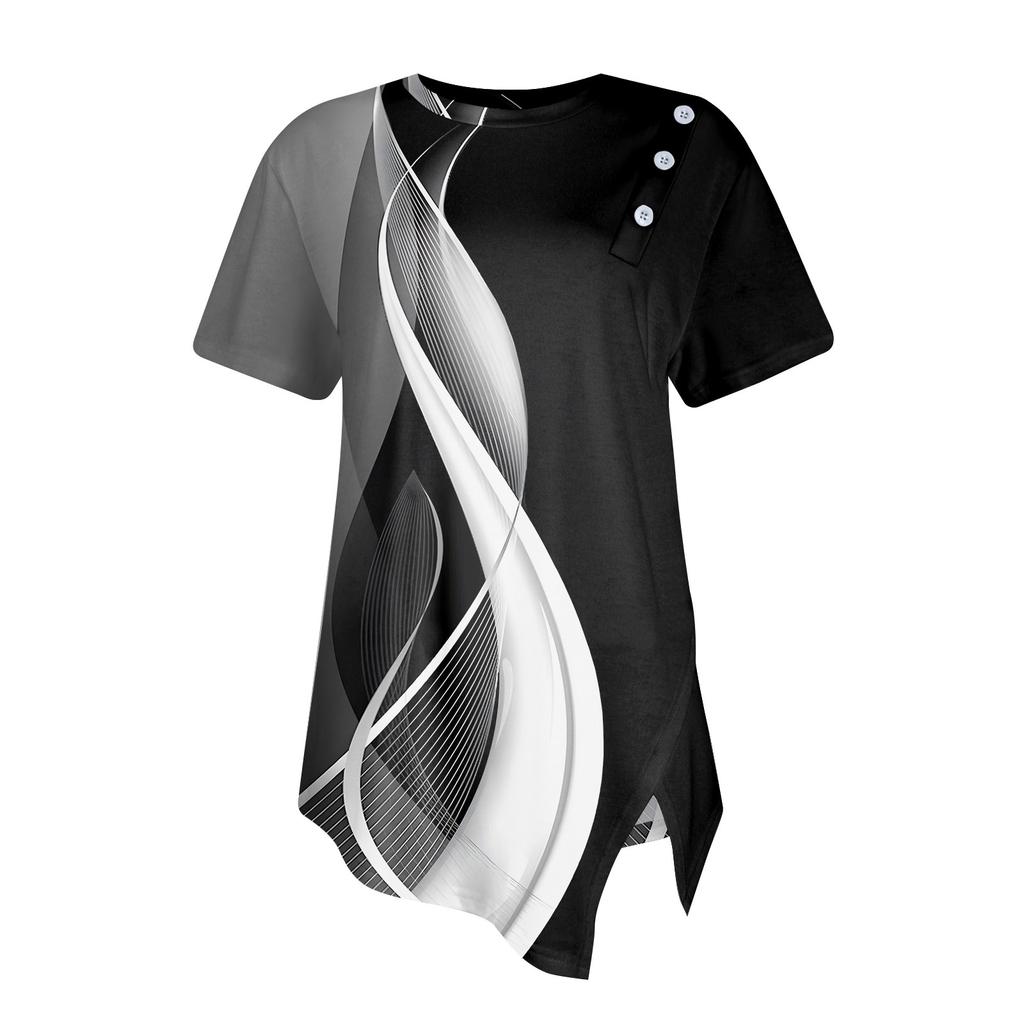 T-skjorte med knappedetalj og kurvet kant, korte ermer, rund hals, avslappet topp, dameklær