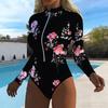 Women Long Sleeve One Piece Swimsuit Zip Front Tropical Flowers Print Rash Guard Surfing Bathing Suit