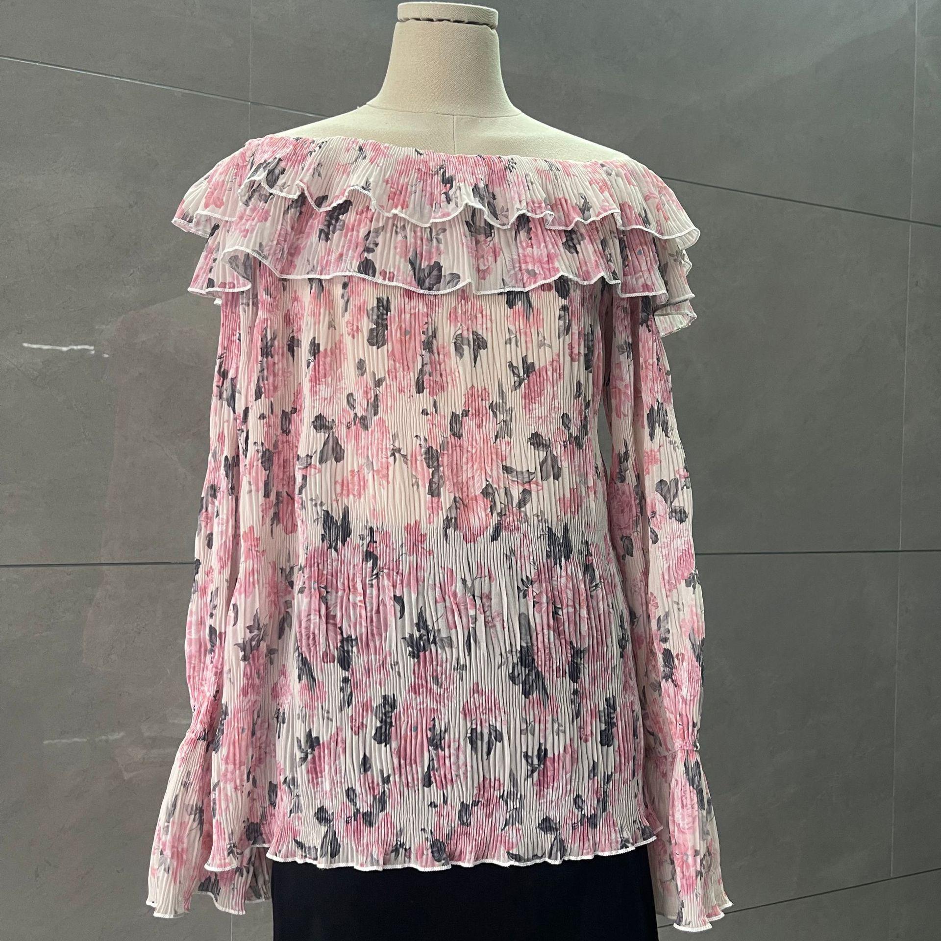 

French Ruffle Off-Shoulder Floral Chiffon Blouse - Women s Long Sleeve Top S (95 lbs recommended)