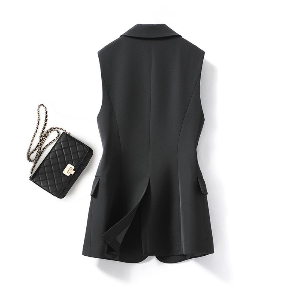 Women's Lapel Collar Vest Coat  All-Matched Single Breasted Sleeveless Classic Solid Color Chic Vintage Office Lady Jacket
