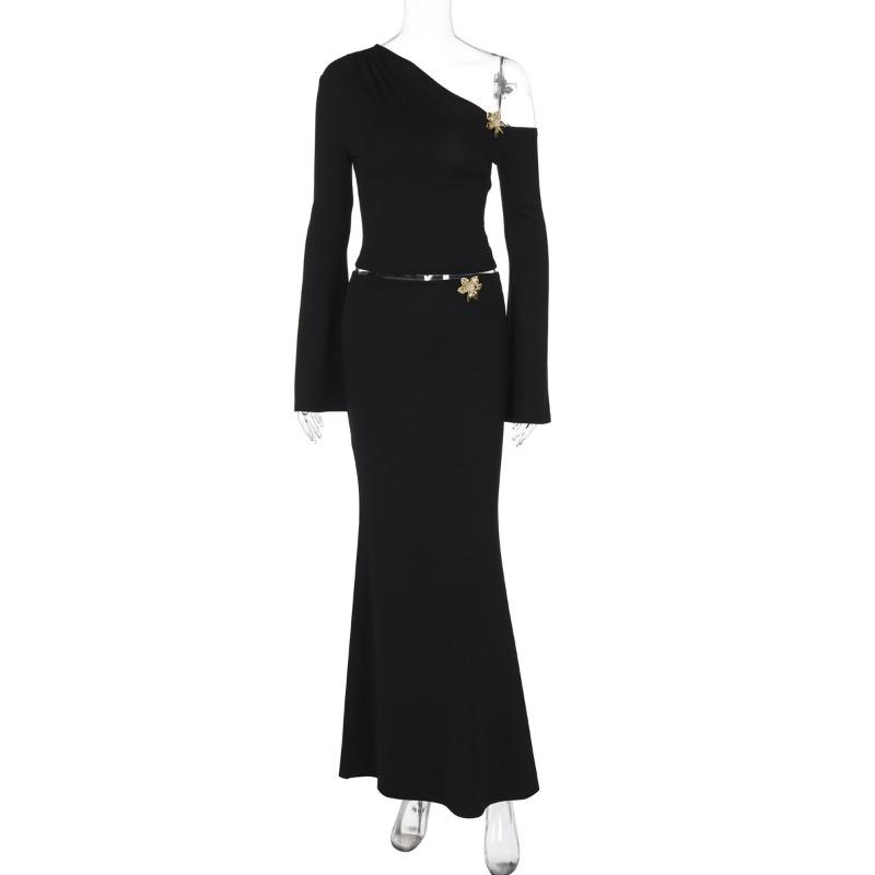 Women's Autumn Fashion Personality Oblique Shoulder Metal Decoration Flared Sleeve Top High Waist Skirt Set