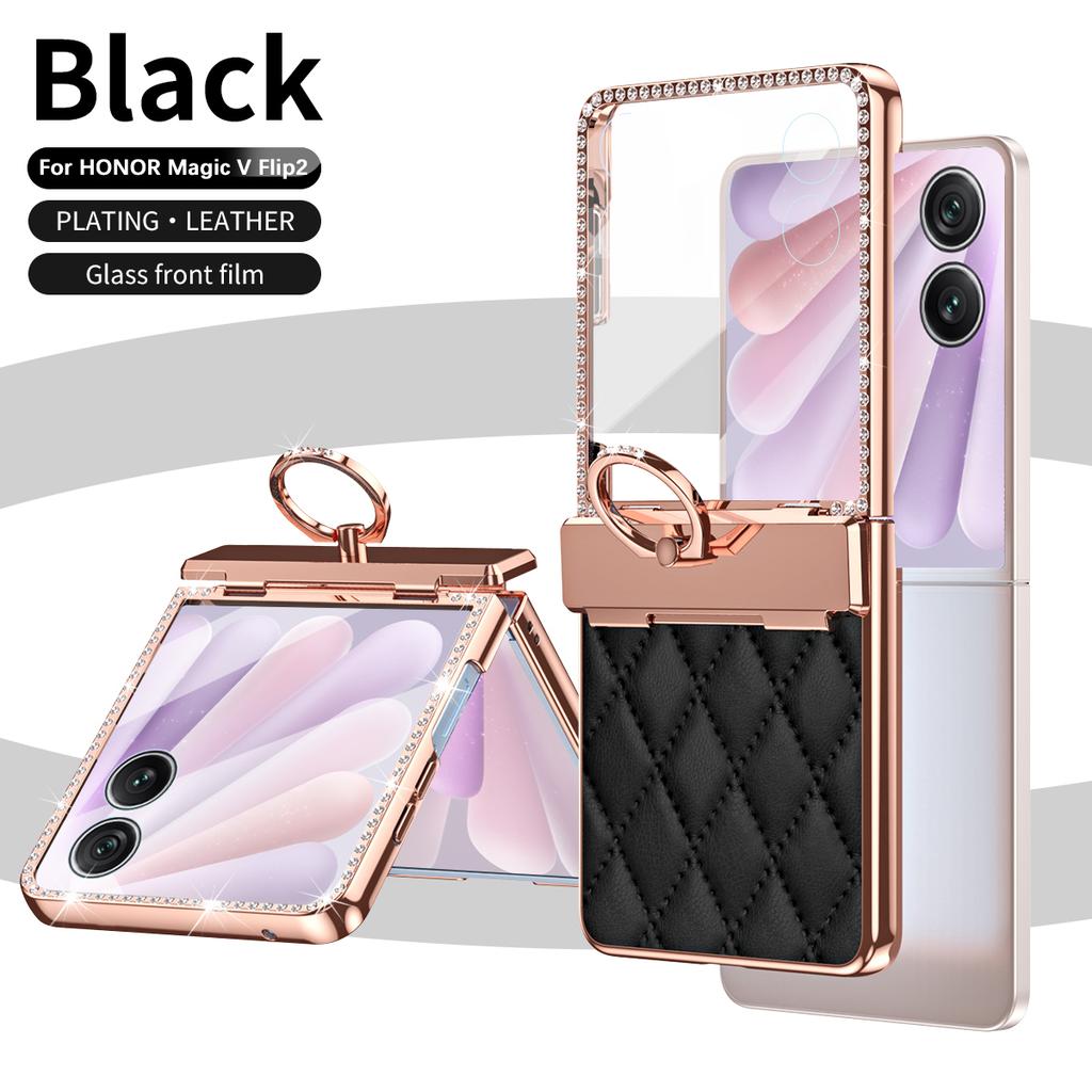 Luxury Fashion Diamonds Leather Plating Ring Holder Phone Case For Honor Magic V Flip 2 Hinge Full Protection V Flip2 Cover