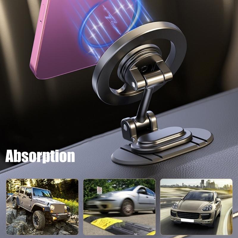 360 Degree Rotating Metal Car Phone Holder Foldable Magnetic Mount Space Saving Brackets for Secure Hands Easy Driving