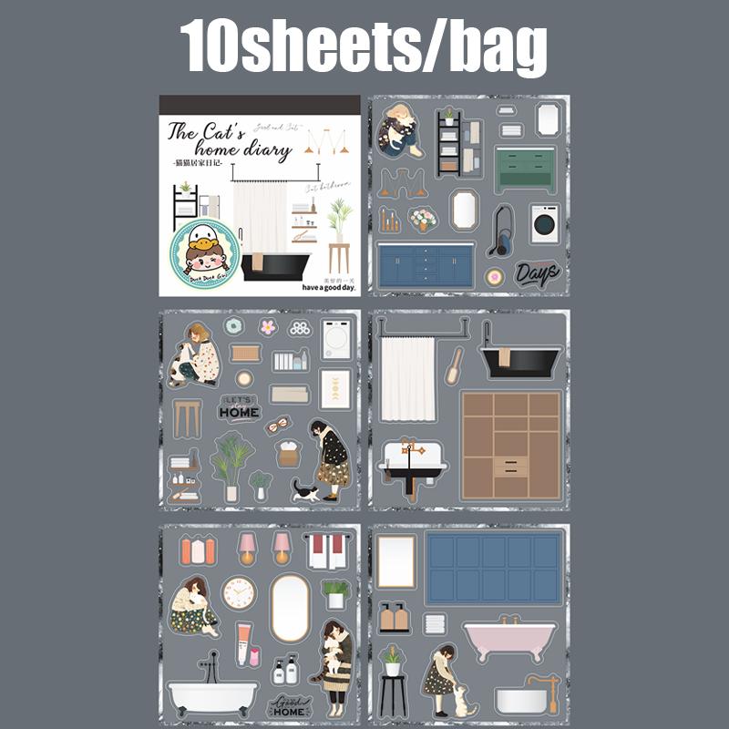 

1 bag Cat Home Diary Series Home Landscaping Sticker Book Crapbooking Stickers Gifts for Students Office Supplies Stationery