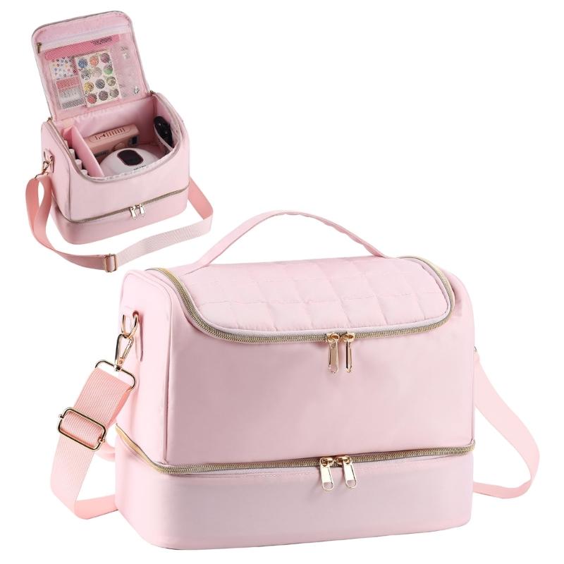 Portable Nail Varnish Organizers Bag Double Handles Adjustable Strap Waterproof Polyester Makeup Storage Case 30x22x25cm