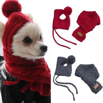 Costume d'hiver chaud en tricot à rayures pour chien de compagnie, bonnet + écharpe, collier, chiot, nounours