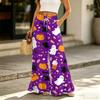 Women Wide Leg Pants with Pockets Halloween Print High Waist Drawstring Loose Casual Long Trousers for Daily Wear