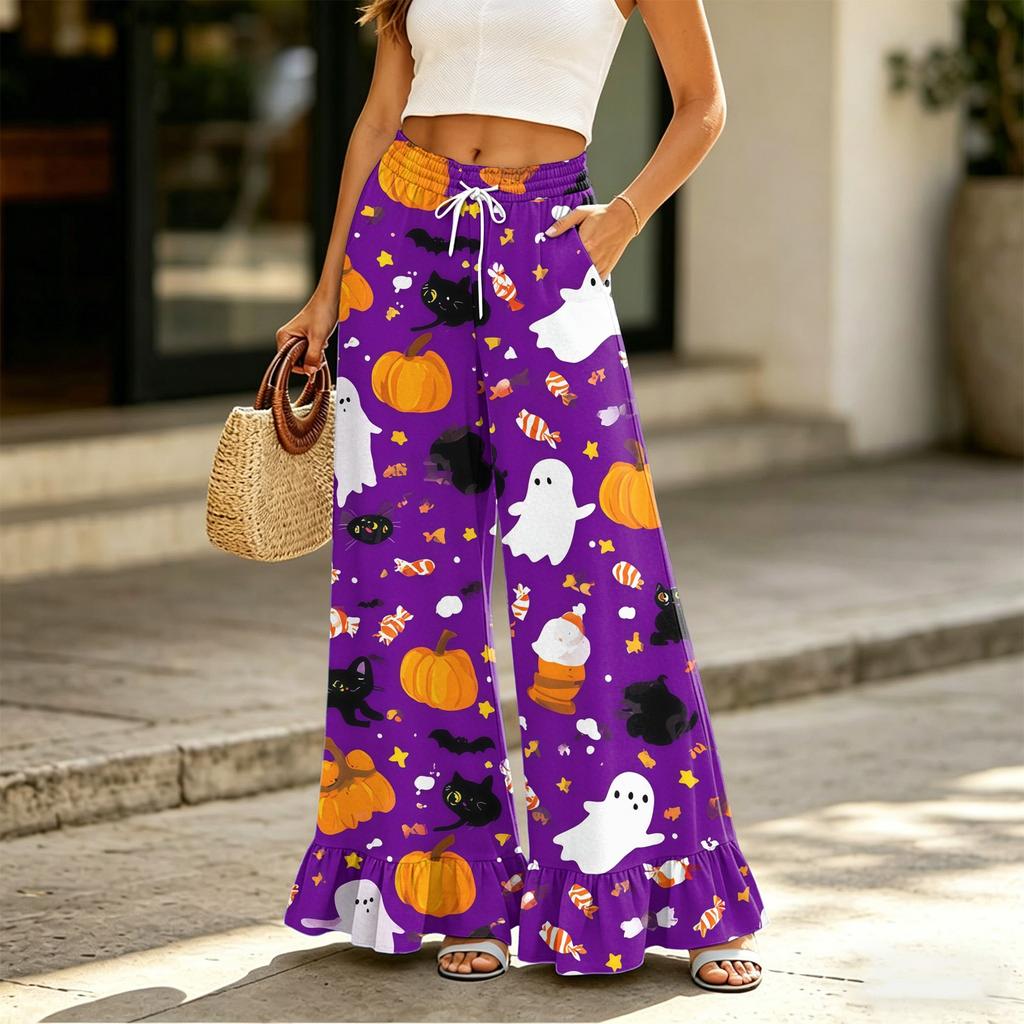 Women Wide Leg Pants with Pockets Halloween Print High Waist Drawstring Loose Casual Long Trousers for Daily Wear