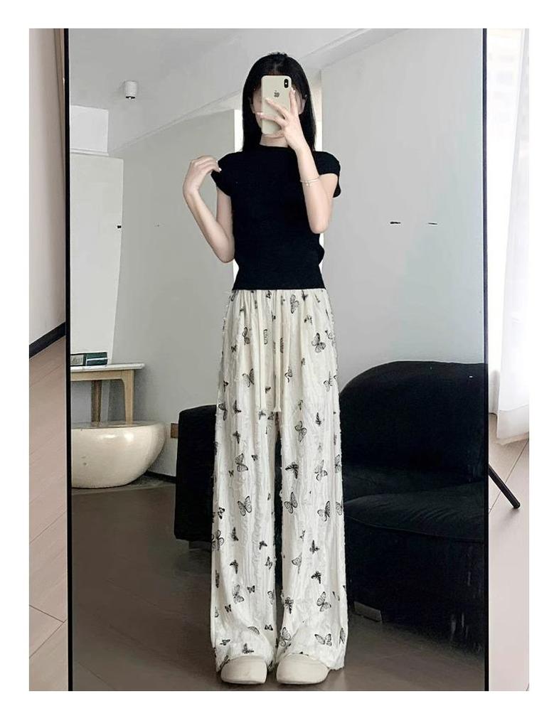 Japanese White Ice Silk Drapey Wide-Leg High-Waist Butterfly Ripped Pants - XS