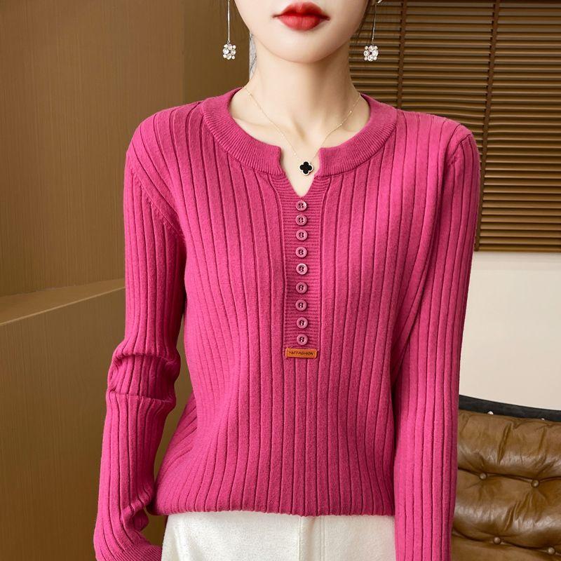 Autumn Winter Women Sweaters Pullovers V-Neck Solid Button Korean Fashion Casual Long Sleeve Thicken Bottoming Shirt Knit Tops