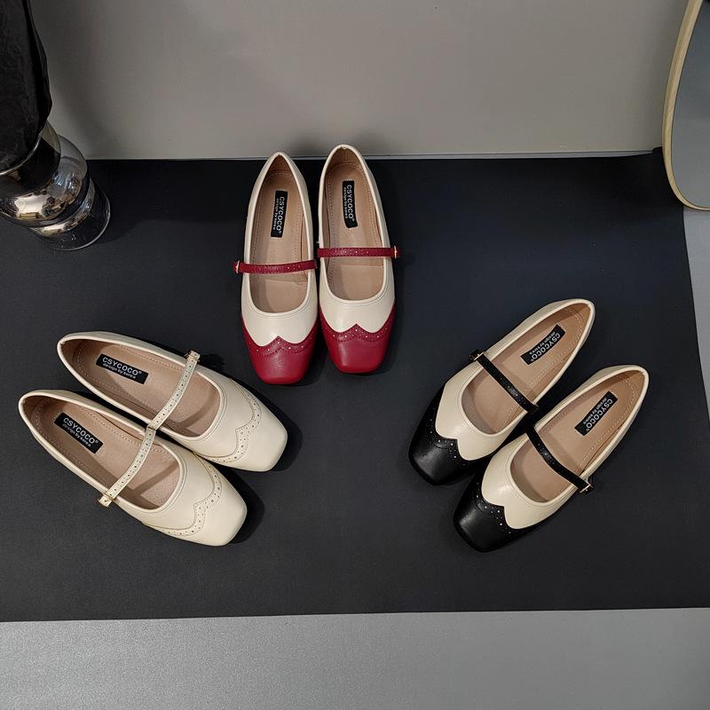 Fashion IPPEUM Women Flat Shoes Red PU Leather Square Toe Ballet Flats Lolita Shoes Mary Janes