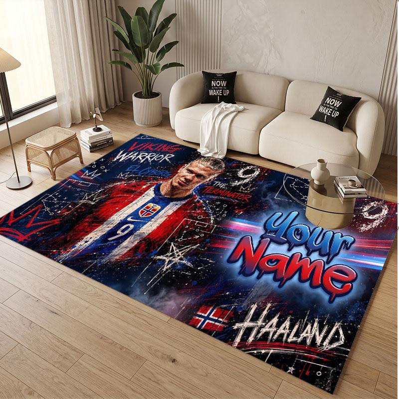 Custom Rug Erling Haaland Pattern Print Name Text Soft Non‑Slip Floor Carpet for Home Indoor Decoration