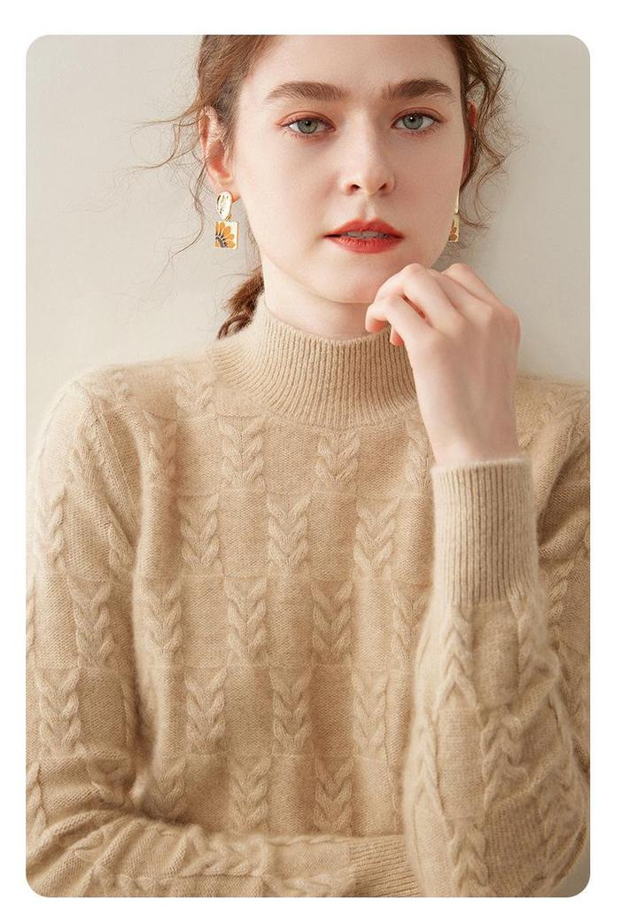 Women's Lazy Style Wheat Ear Cashmere Sweater - Autumn/Winter Solid Color Half-High Neck Knitwear