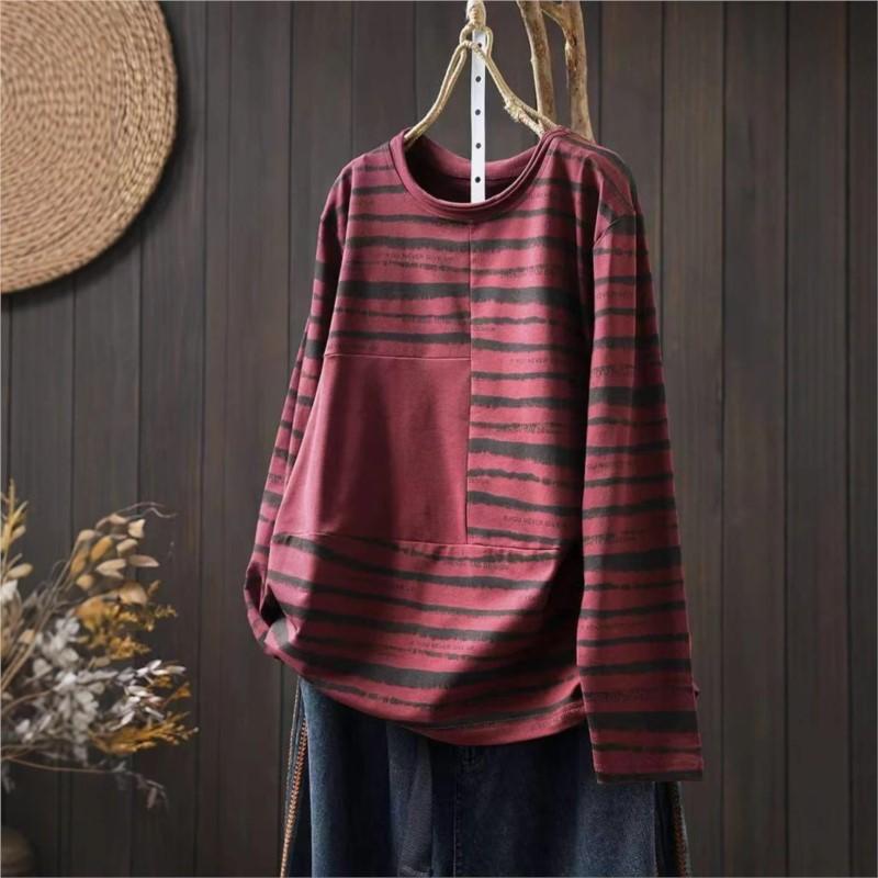Johnature Kontrastní pruh Dlouhý rukáv Volné ležérní Dámské Zimní O-výstřih Módní Čínský styl Vintage Tričko
