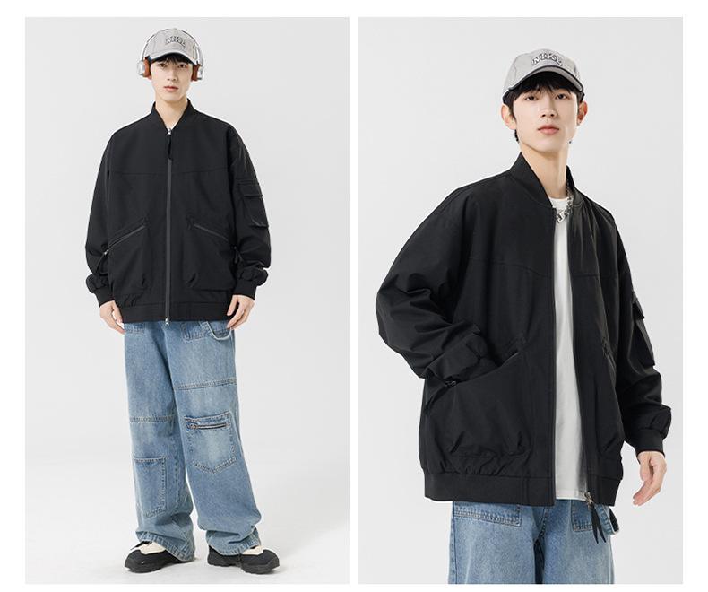 2025 Japanese Trendy Men's Retro Loose Stand Collar Bomber Jacket - Spring Casual Drop Shoulder Workwear Style.