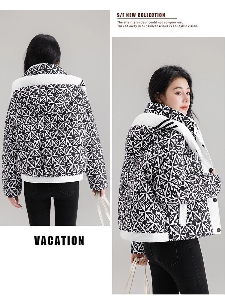 3D Printed Hooded Cotton-padded Jacket Women's Short Style