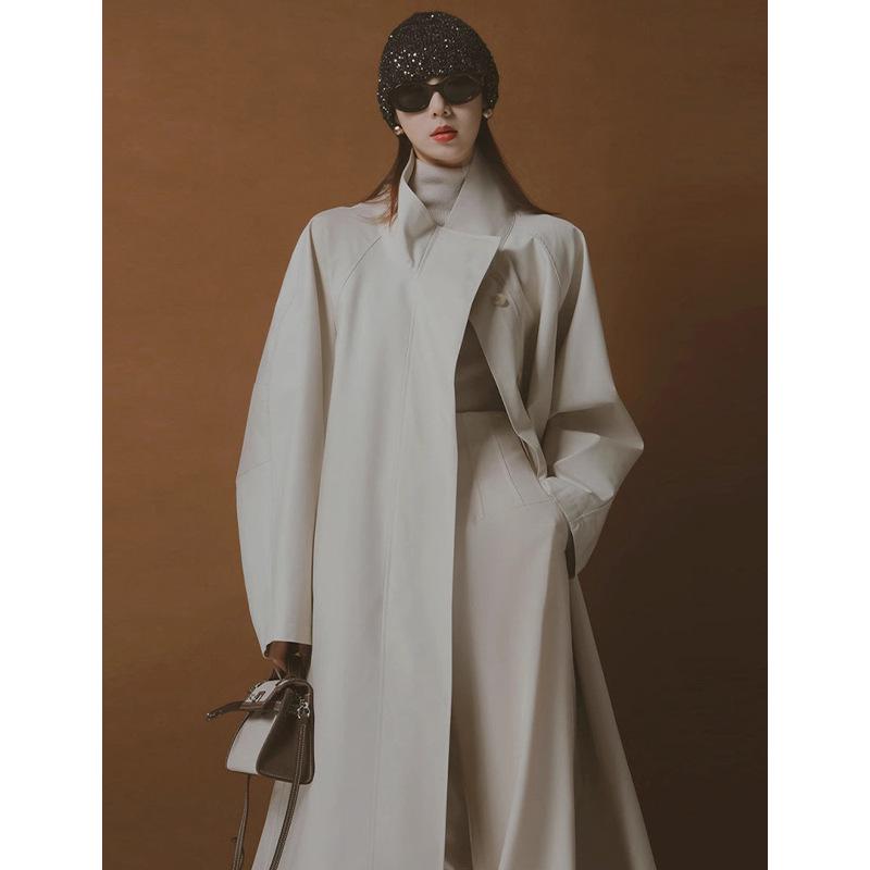 Rongtai Women's Tencel Drapey Trench Coat - Spring 2025 Collection, British Style with Tie-Waist and Stand Collar
