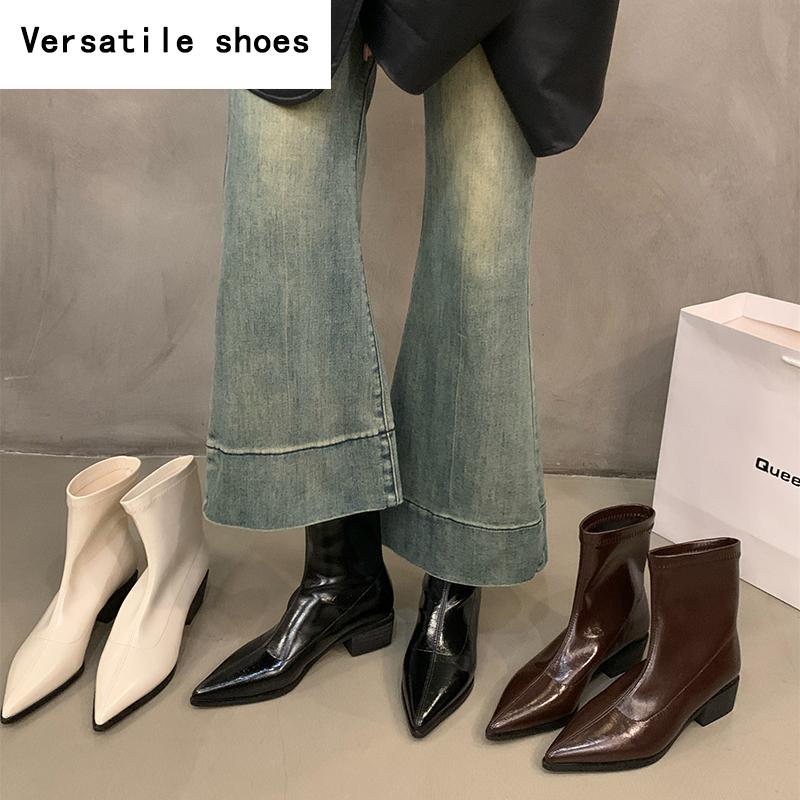 Streetstyle Damen Stiefeletten Mode Spitzschuh Kurze Stiefeletten Damen Quadratische Absätze Party Pumps Schuhe