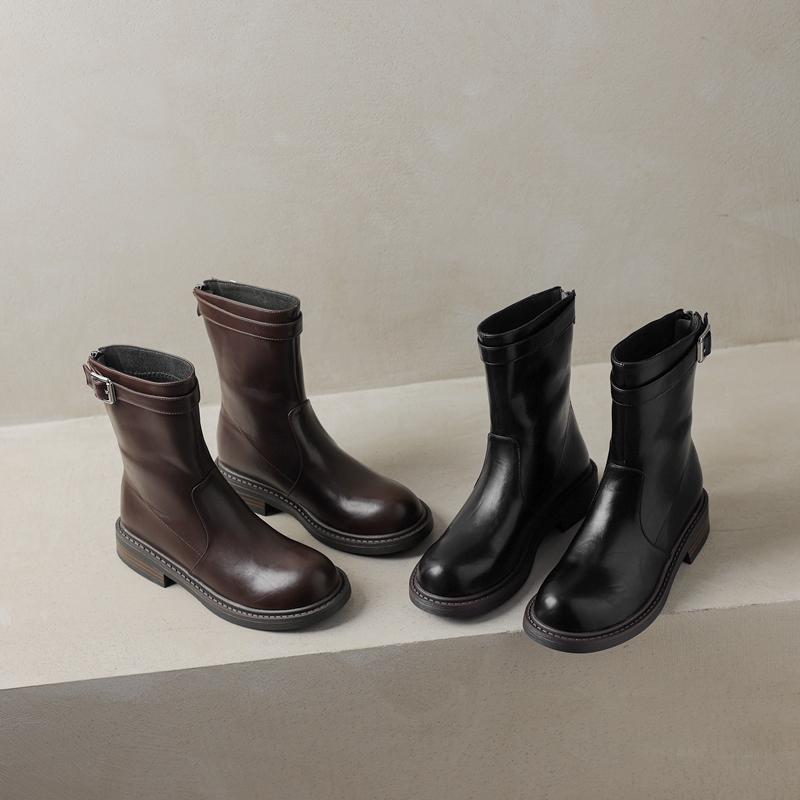 Belt Buckle Punk Booties Women's New Fashion Back Zippers Ankle Boots Chunky Mid Heels Casual Female Platform Shoes Plus Size 42