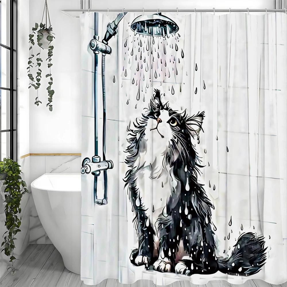 Humorous Black Cat Shower Curtain – Funny Cat Print, Water-Resistant Fabric, Includes Hooks