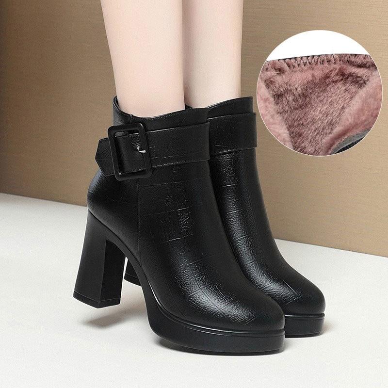 9cm Fashion Comfortable Soft Leather Boots Women Platform Shoes Fall Winter 2025 Block High Heels Ankle Boots with Fur Office