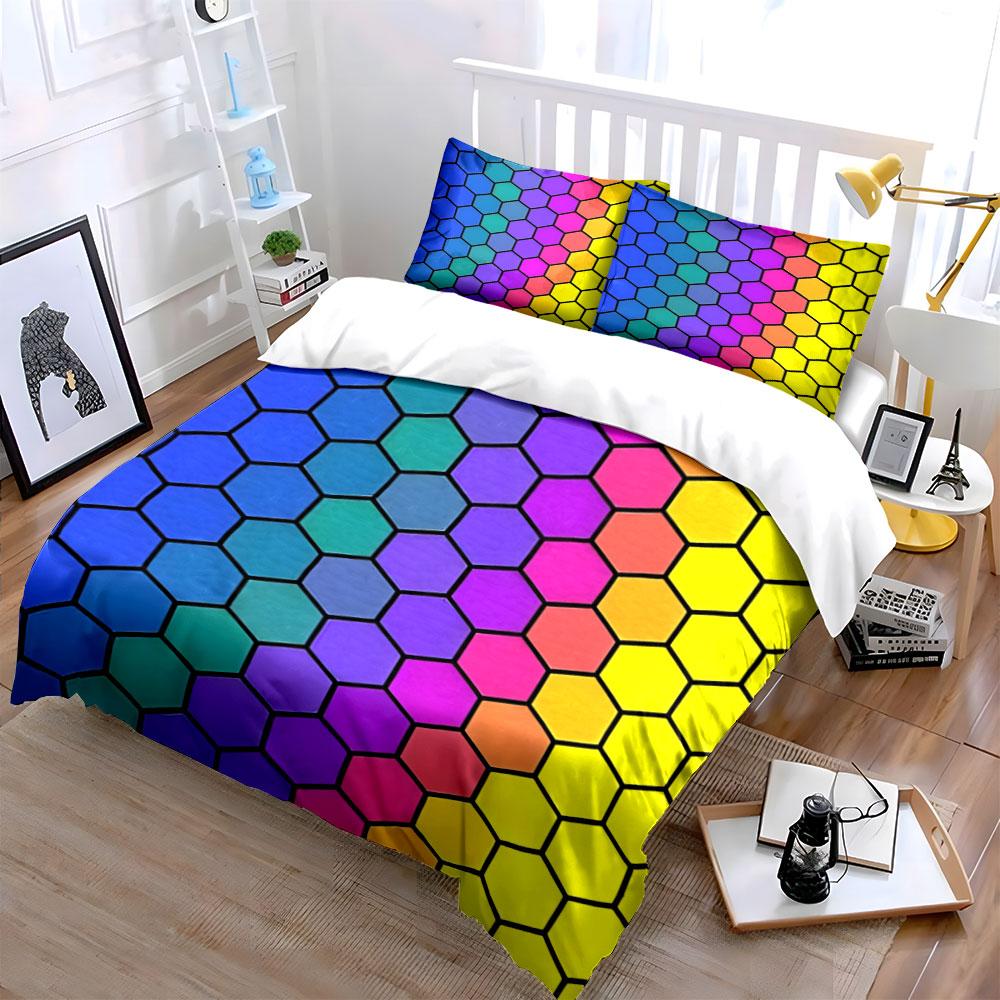 Regenbogen-Waben-Bettwäsche-Set, Farbverlauf schillernder Sechseck-Druck-Set mit 1 Bettbezug 2 Kissenbezügen Einzelbett Doppelbett King Queen