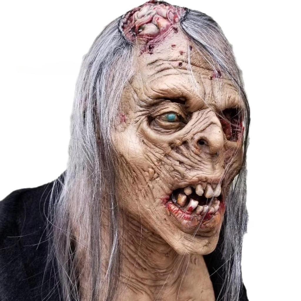 Halloween zombie lateksmaske med hår og liten lillehjerne