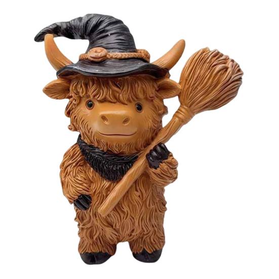 Halloween Highland Cow Resin Figurine Wizard Hat Pumpkin Broom Cattle Statue Sculpture Holiday Party Decoration Ornament