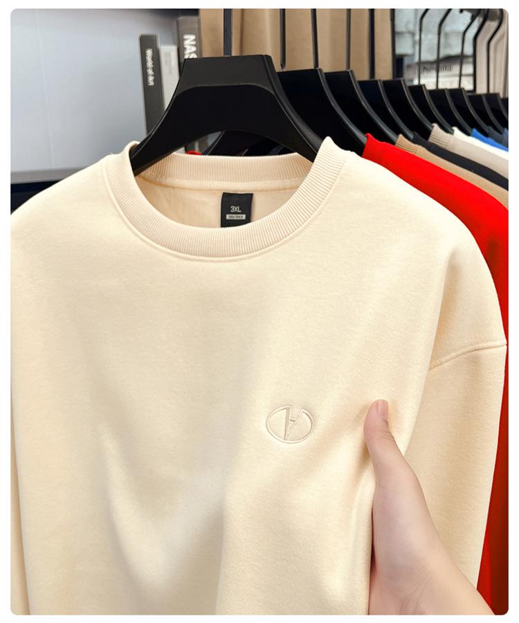 High-End Men's Royal Blue Embroidered Sweatshirt, Round Neck, Velvet-Lined for Autumn/Winter Warmth