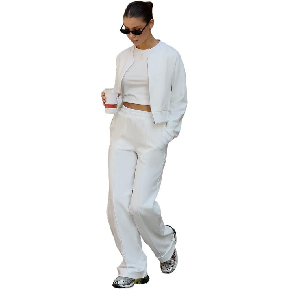 Europe, America, autumn and winter new fashion casual short waist zipper jacket straight pants sweater set