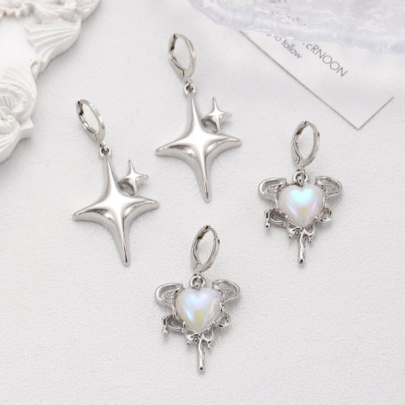 Simple Silver Color Star Earrings For Women Girls Opal Stone Heart Hoop Earrings Punk Y2K Cute Daily Wear Jewelry Party Gifts