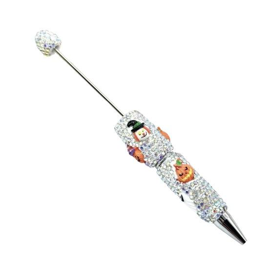 Rhinestone Writing Pen Beadable Pen, Glitter Plastic Beaded Halloween Pumpkin Ghost Skull Decorative Gel Ink for DIY Craft Making, School Office