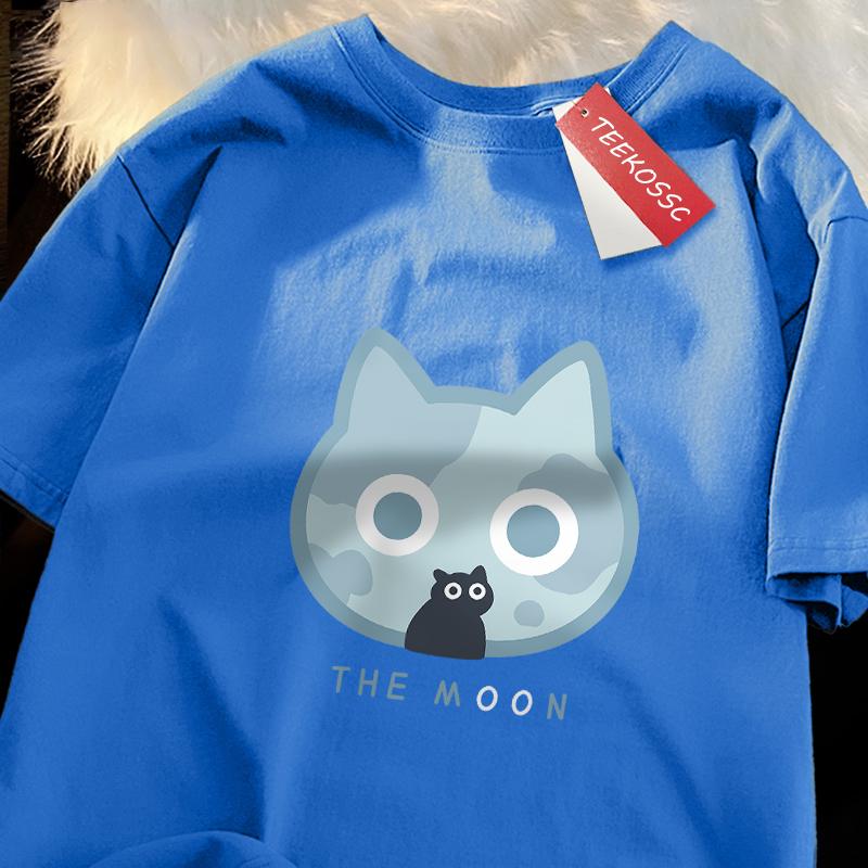 The Moon Blue Cat Fun Japanese Style Men Women T-Shirts Cotton Oversized Short Sleeve Shirt Loose T-Shirt Breathable Casual Tops