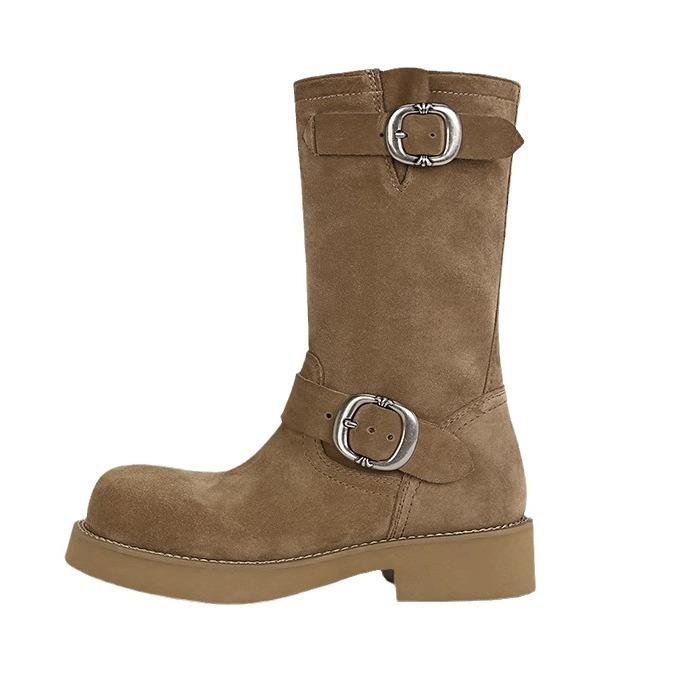 Yuanlitong autumn and winter new fashion medium tube stacking boots soft leather casual style Korean version women's boots wear sweet sister knight
