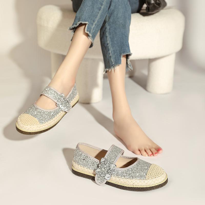 Fashion Silver Glitter Sequins Espadrilles Shoes Woman Fisherman Loafers Rhinestone Buckle Belt Flats Moccasines Ladies Hemp Mary Janes