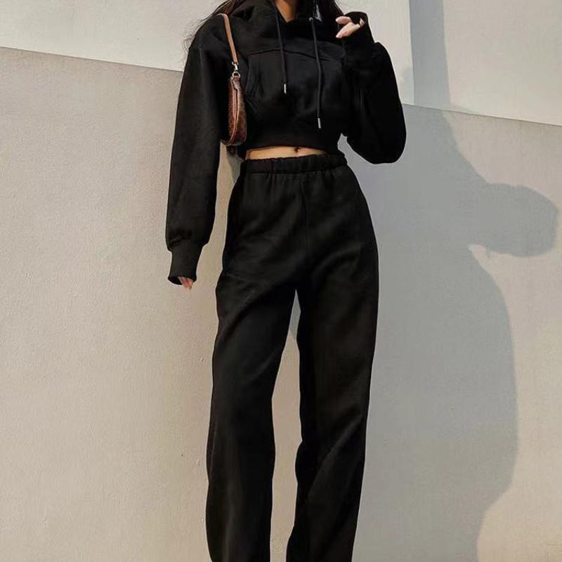 

Уличный флисовый спортивный свитер с короткими карманами и капюшоном, свободные леггинсы с высокой талией, женский костюм из двух предметов L