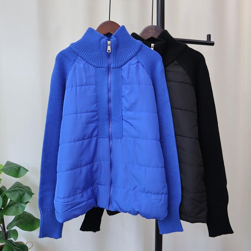 Design Sense Niche Splicing Cotton Clothes Knitted Cardigan Autumn and Winter New Loose Temperament Zipper Sweater Jacket Women