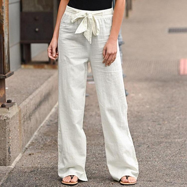 Autumn Women Casual Wide Leg Trousers Loose Long Pants Elastic Waist Straight Solid Polyester Cotton Pants