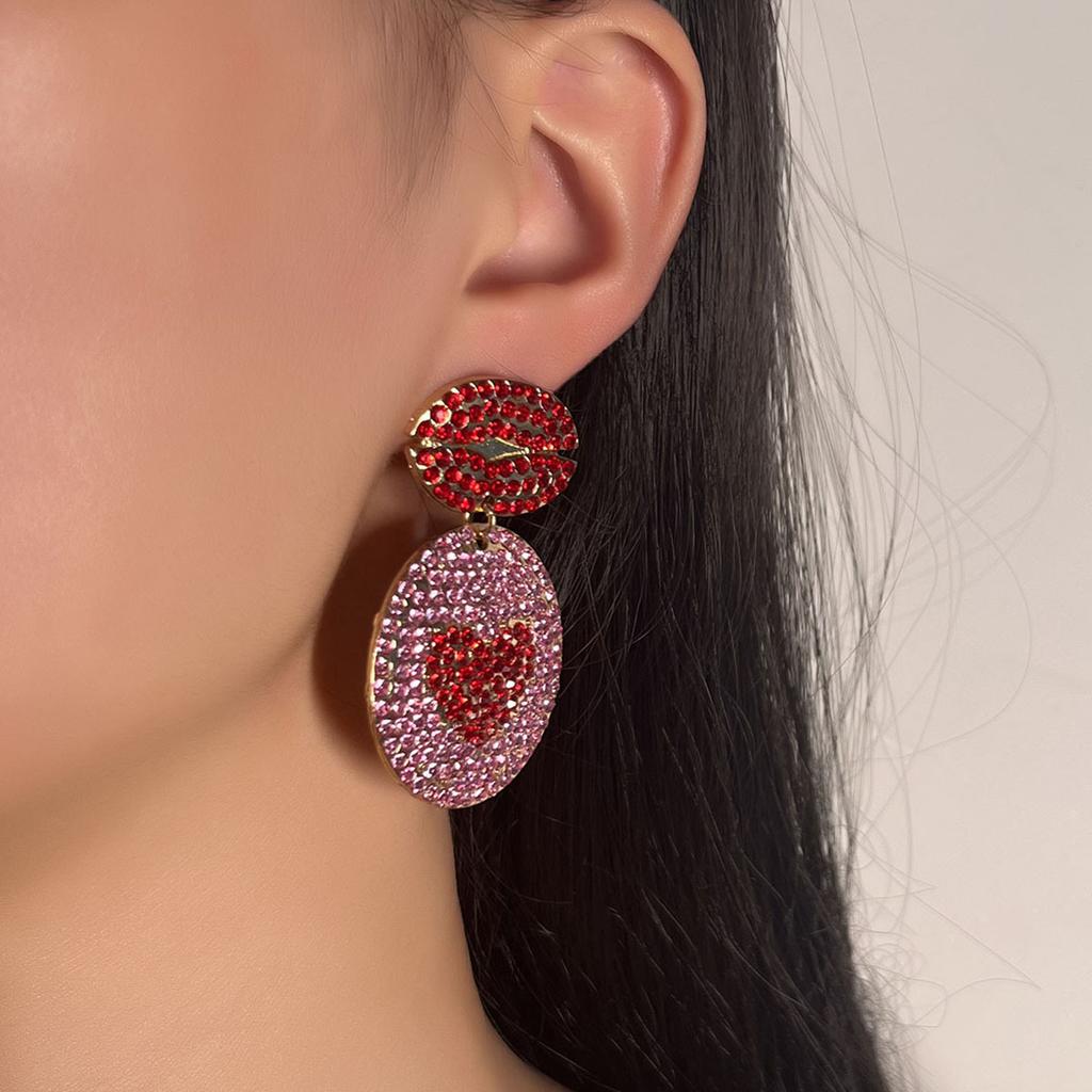 Valentine's Day new simple fashion alloy full diamond geometric lip red earrings, niche versatile women