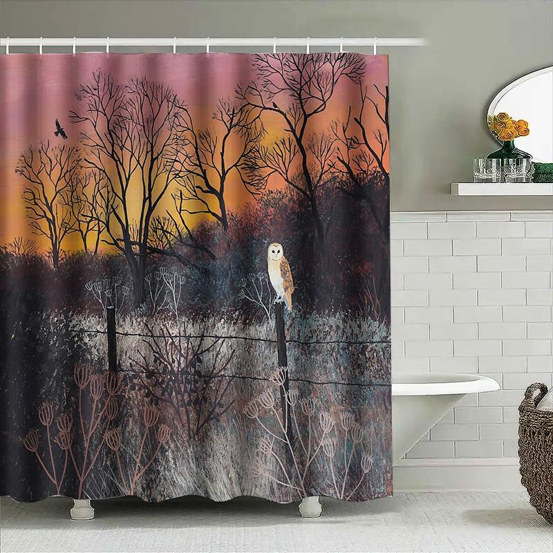 Owl Forest Shower Curtain Nature Birds Trees Wildlife Backdrop Washable Bathroom Decor Artistic Home Decor Modern Farmhouse Styl