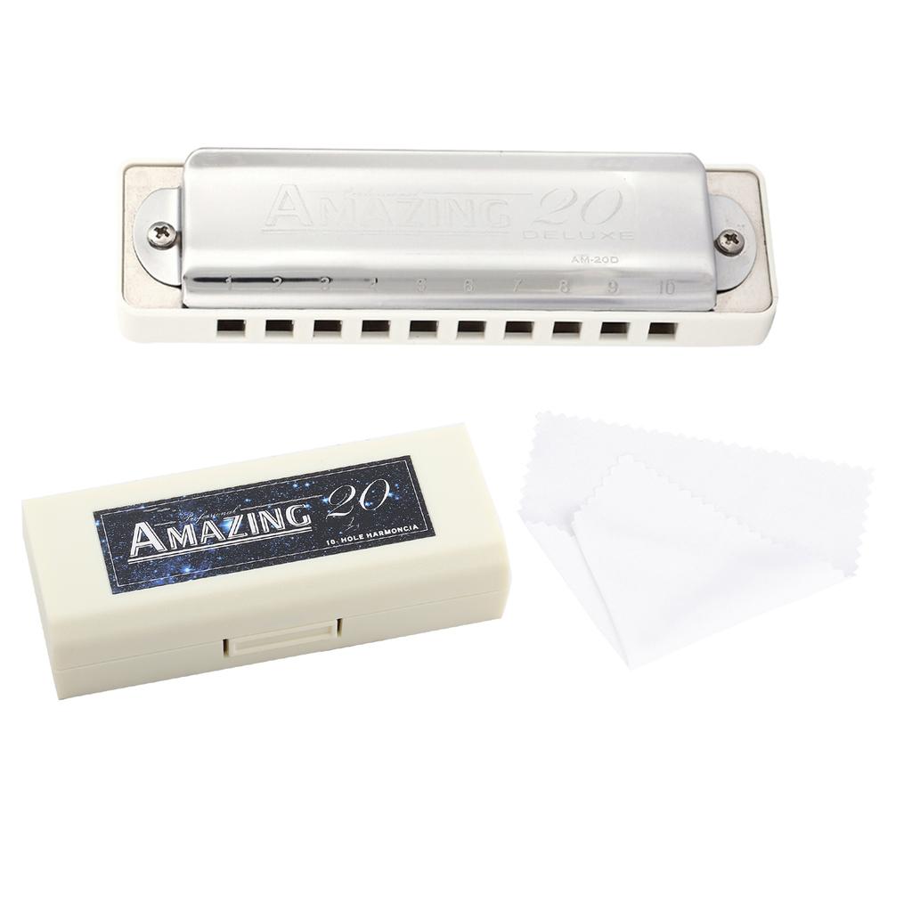 KONGSHENG AM 20D Phosphor Bronze Reed 10 Hole 20 Tone Blues Harmonica In the Key of Bb White