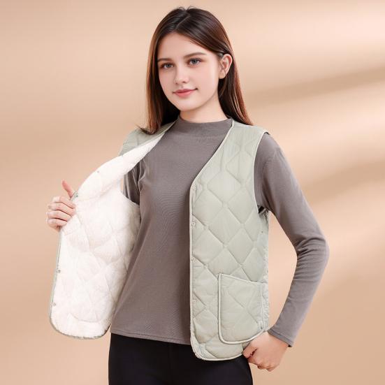 Dámská zimní vesta V-výstřih bez rukávů jednoradové zapínání vesta kabát s kapsami jednobarevný zesílený sametová podšívka vesta kabát